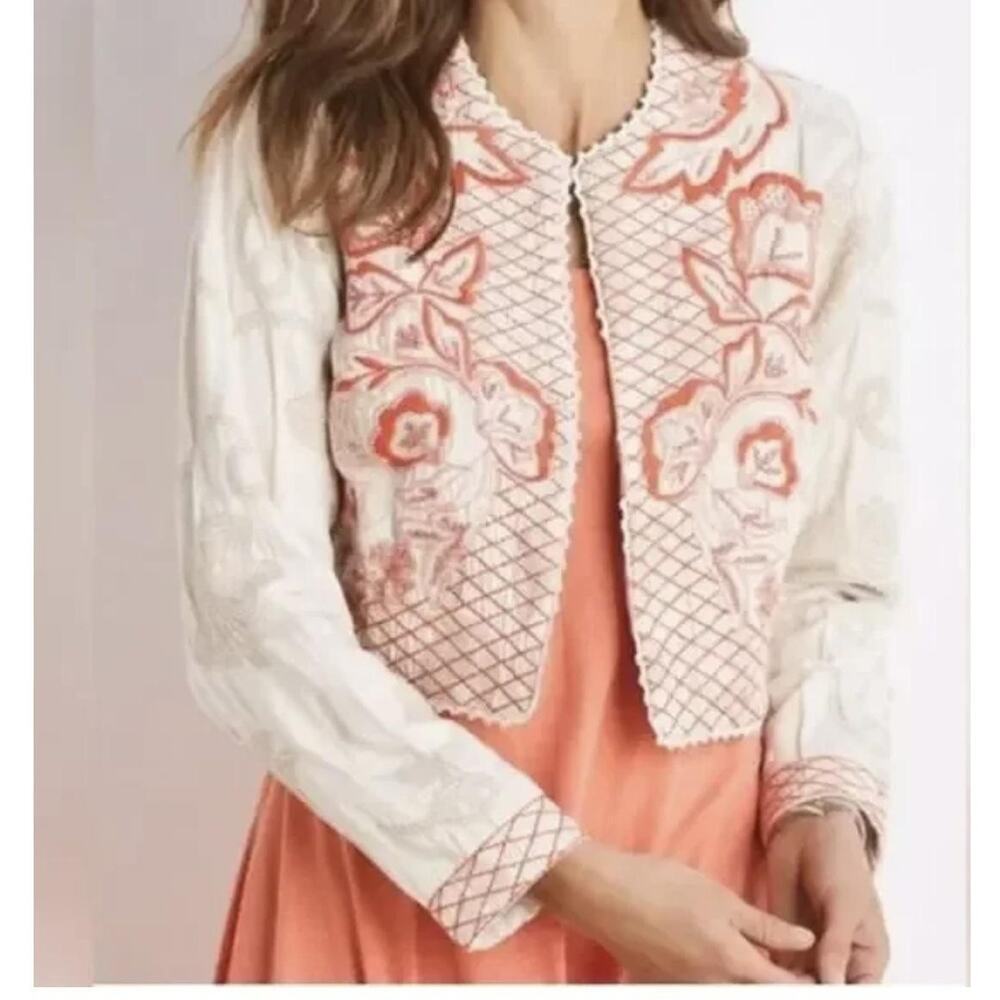 Soft Surroundings Jacket Womens XL Cream Coral Embroidered Cropped Boho Floral